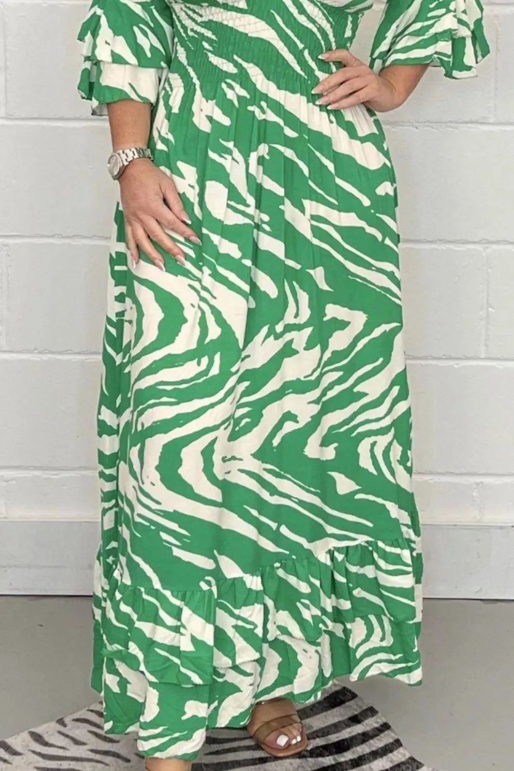 Smocked Printed Flounce Sleeve Maxi Dress Casual Dresses - Tophatter Daily Deals